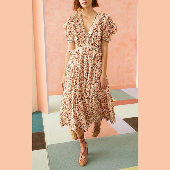 Ulla Johnson Dress Midi Wrap Orange Blue Ruffle Pleated Knit Trim Lisette US 4 - Picture 11 of 13